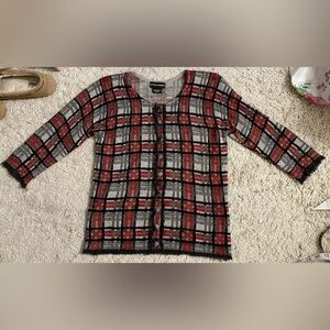 SUTTON CASHMERE red black gray 3/4 sleeve button cardigan sweater Small S Studio